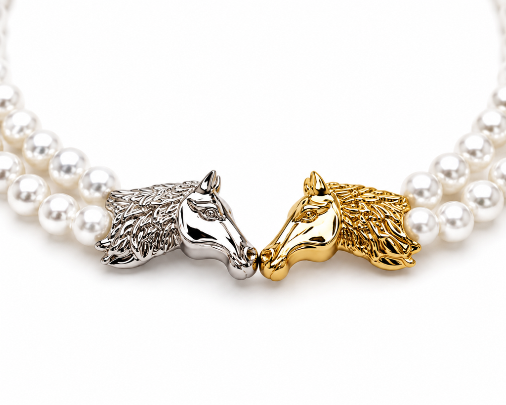 A double-strand pearl necklace featuring two horse head charms, one in polished silver and one in polished gold, touching noses in the center against a white background.