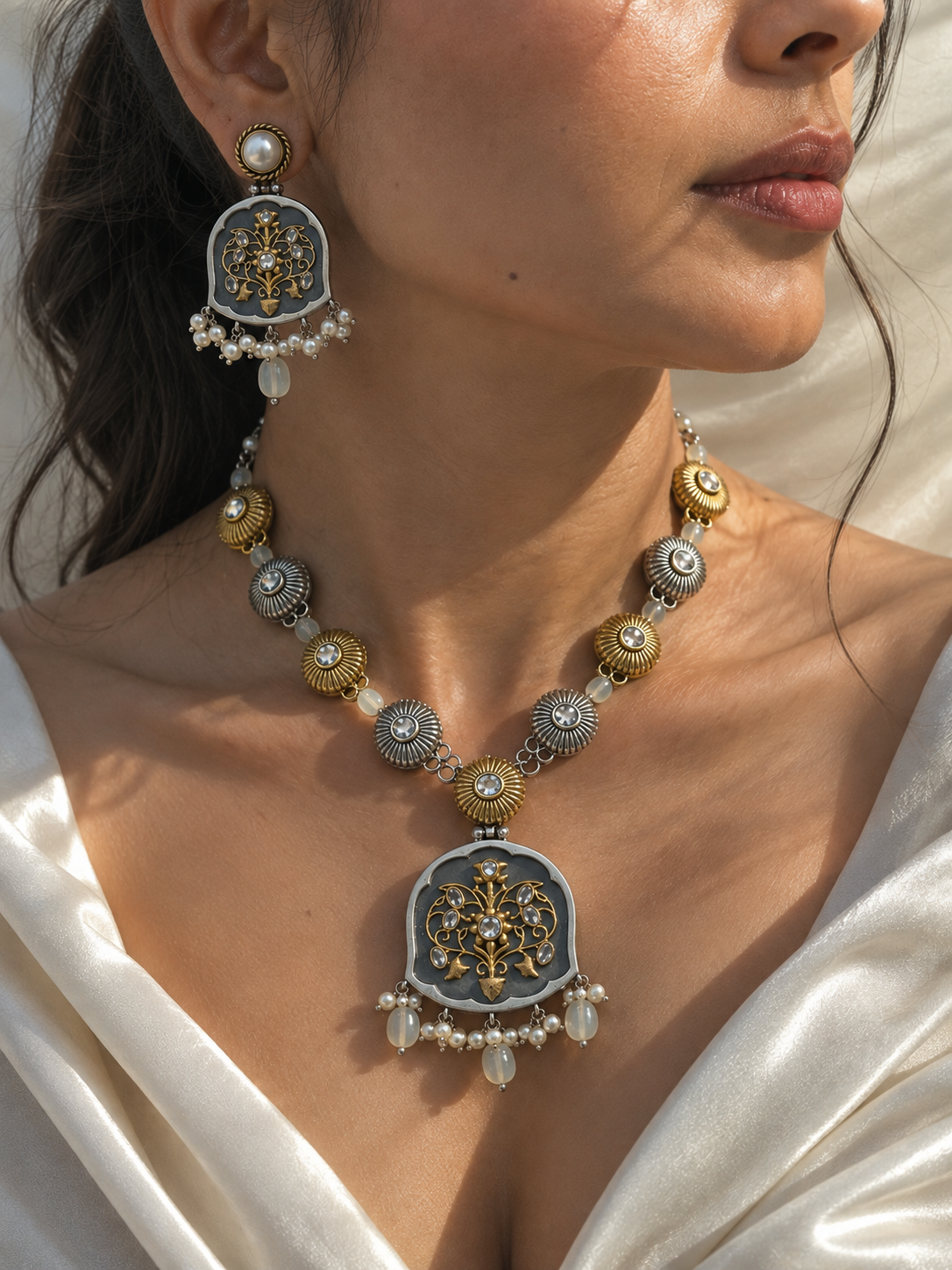 A close-up lifestyle shot of a model wearing an ornate gold and silver jewelry set, featuring a matching necklace and earring with intricate filigree details, white pearls, and metallic accents, styled with a white satin top.