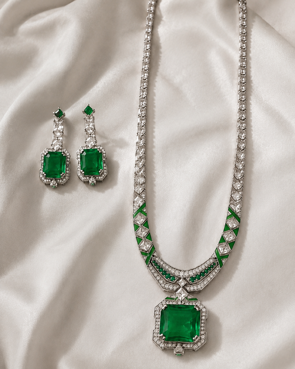An emerald and diamond necklace and drop earrings set, featuring emerald-cut green gemstones bordered by pavé diamonds, displayed on draped white satin fabric.